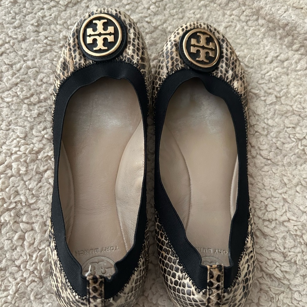 Tory Burch Black and Tan Snake Print Flats
